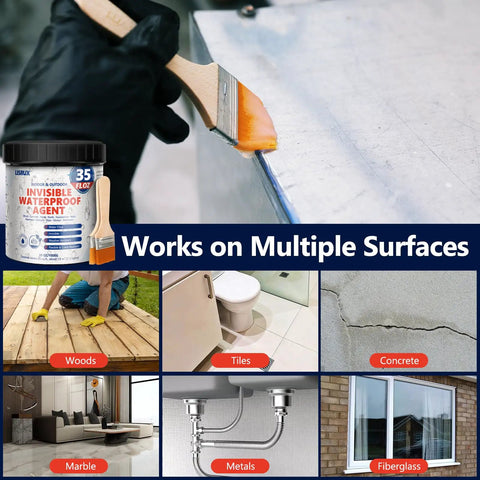 Heavy Duty Clear Waterproof Sealant 35 Ounce Slick Water Based Coating applied on metal surface with brush.