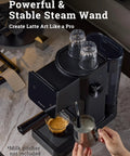 Badass Home Espresso Maker With Slick Touchscreen Interface And 20 Bar Pump Pulls Knockout Shots For Smooth Lattes Or Quick Cold Brew Featuring Full Milk Frothing Setup With Generous 41oz Water Tank, showcasing steam wand and espresso.