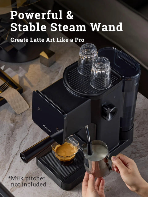 Badass Home Espresso Maker With Slick Touchscreen Interface And 20 Bar Pump Pulls Knockout Shots For Smooth Lattes Or Quick Cold Brew Featuring Full Milk Frothing Setup With Generous 41oz Water Tank, showcasing steam wand and espresso.