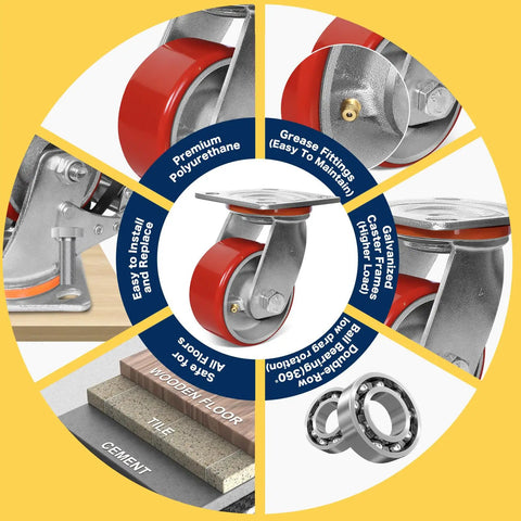 Heavy Duty Casters Set Of 4 Featuring Rock Solid Polyurethane Wheels And Cast Iron Cores For A Bump Free Roll on various floors.