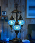 Turkish Mosaic Table Lamp with Built-In LED, three sea blue globes, Moroccan style in living room, 21.3 inch tall.