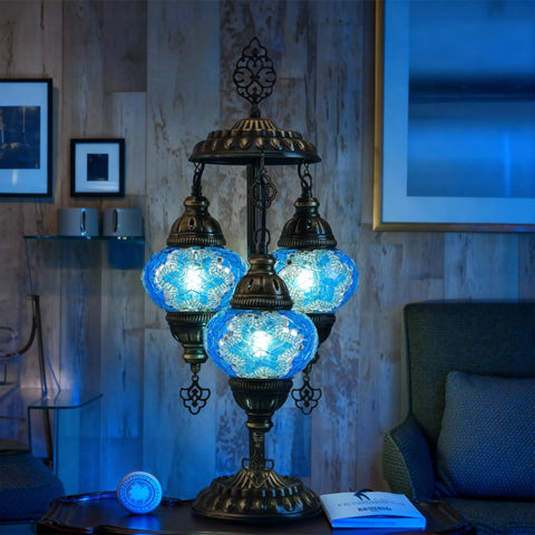 Turkish Mosaic Table Lamp with Built-In LED, three sea blue globes, Moroccan style in living room, 21.3 inch tall.