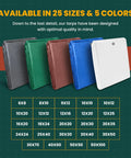 Assorted tarps showing sizes and colors, including blue waterproof tarp cover 9x12 heavy duty poly tarpaulin for canopy tent boat RV or pool use bombproof weatherproof outdoor shield for gear and equipment, durable lightweight tarp for all weather protection.