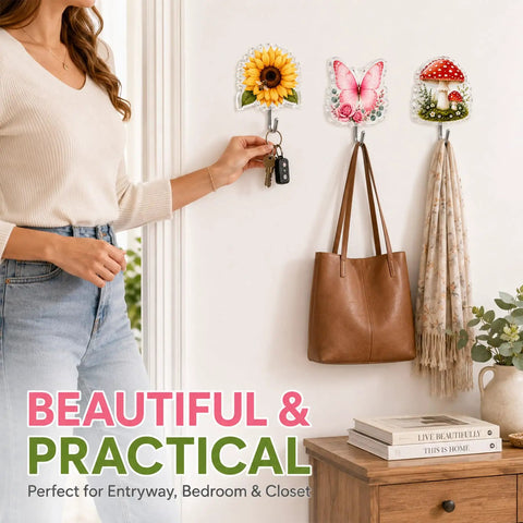 4 Pack Butterfly Adhesive Wall Hooks Featuring Real Pretty Floral Garden Motifs Super Strong Peel And Stick Acrylic Hooks For Worry Free Counter Organization And A Super Cozy Living Space Vibe, display with keys and bag.