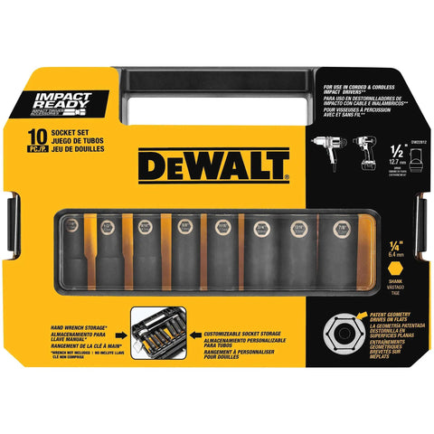 Impact Socket Set With Half Inch Drive Ten Piece Including Eight Common Sockets And Two Adapters For Quarter To Half Inch Built To Last High Impact Case With Pivoting Organization Pins For Easy Custom Storage And Quick Access displayed in packaging