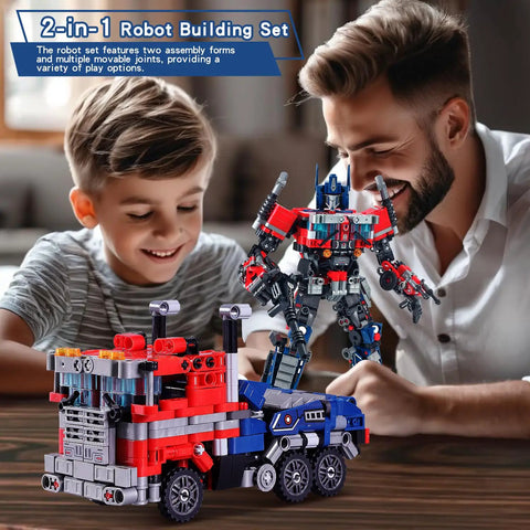 Mech Robot Transform Set With 786 Pieces Dual Design Building Block Kit Compatible With Lego, red and blue mech build on table