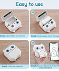 Pocket Sized Portable Bluetooth Mini Sticker Maker With Slick Inkless Thermal Tech And One Roll Of Glossy Paper For Snappy Journaling Quick Study Flashcards And Chill Diy Projects showing user steps for operation.