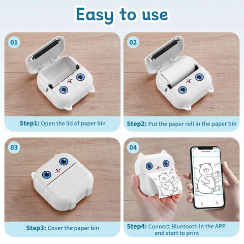 Pocket Sized Portable Bluetooth Mini Sticker Maker With Slick Inkless Thermal Tech And One Roll Of Glossy Paper For Snappy Journaling Quick Study Flashcards And Chill Diy Projects showing user steps for operation.