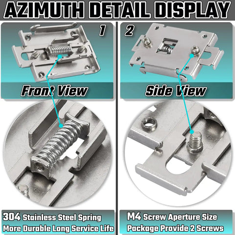 Front and side view of Heavy Duty 35mm Din Rail Clip Kit For Solid State Relays showing stainless steel construction and screws.
