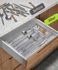 Before and after using Five Compartment Mesh Silverware Drawer Organizer With Non Slip Foam Feet in kitchen drawer