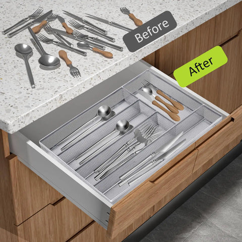 Before and after using Five Compartment Mesh Silverware Drawer Organizer With Non Slip Foam Feet in kitchen drawer