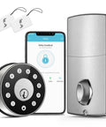 Keyless Deadbolt Smart Door Lock For Front Door With Code And Fob Access App Control Auto Lock Super Easy Install All Weather Indoor Outdoor Security For Short Term Rentals And Homes, showing lock, fobs, and smartphone app control interface.