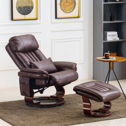 Swivel Recliner With Ottoman And Vibration Massage, Faux Leather TV Chair For Small Spaces, RV, Living Room Or Bedroom, Dark Brown, Ergonomic Back Support And Plush Headrest in a stylish room setting.