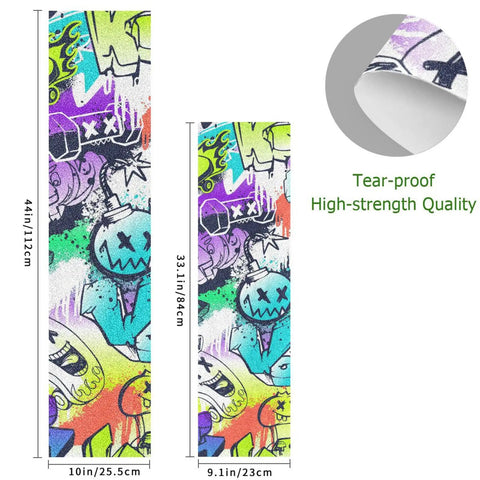 Colorful street art graffiti grip tape for skateboards and longboards, bubble free anti slip deck sheet 33 x 9 inches, detailed view