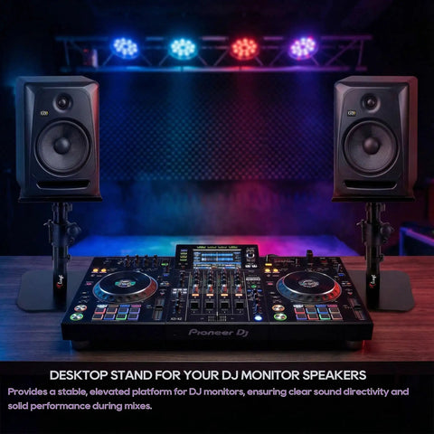 Heavy Duty Desktop Speaker Stands Pair With Flat Base Adjustable Height And Tilt Universal Platforms in DJ setup