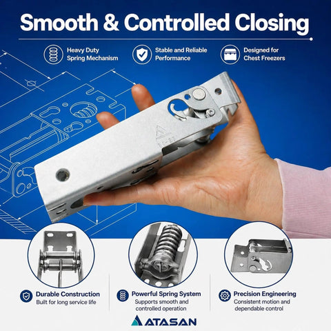 Hand holding a heavy duty chest freezer door hinge with spring and cover, metal construction for top opening freezers.