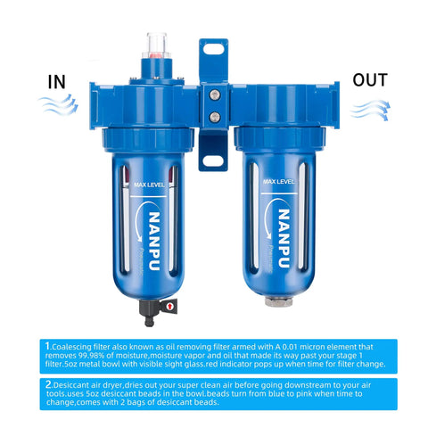 Pro Grade Coalescing Air Filter And Desiccant Dryer System With Poly Bowl, One Half Inch NPT, Perfect For Paint Spray And Plasma Cutter, Water Trap With Red Indicator, 0.01 Micron Element Removes 99.9 Percent Moisture And Oil