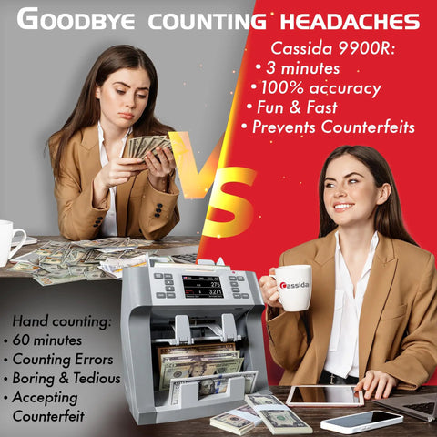 Comparison of hand counting vs. Boss Level Bank Grade Money Counter For Mixed Denominations With Printer Enabled Fast And Secure Counterfeit Detection Using UV MG IR IT Multi Sensor Two CIS Ideal For Cash Handling And US Tech Support