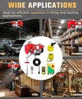 Front view of red wireless electric hoist with remote, 440 lb capacity, shown with wire rope and slings