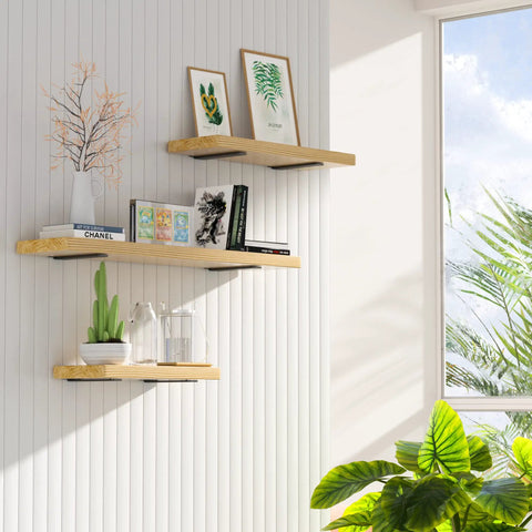 Set Of 6 8 Inch Heavy Duty Hidden L Shelf Brackets For Floating Shelves Supports Up To 200 Pounds With Rustic Industrial Black Iron Finish Durable Steel Construction For Easy Mounting And Modern Home Or Workshop Use displaying floating wooden shelves with decor in bright room.