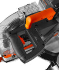Close-up of a 15 Amp 12 Inch Dual Bevel Sliding Compound Miter Saw With Laser And Carbide Blade, showing handle and blade guard.