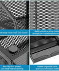 Close-up of Mesh Pen Holder Desk Organizer With Drawer showing metal mesh construction and compartments for organized storage.