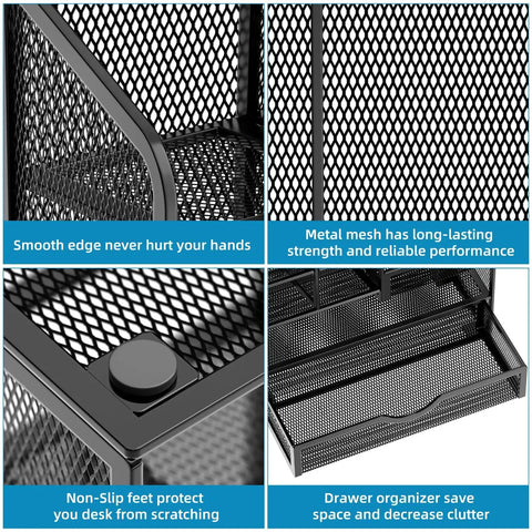 Close-up of Mesh Pen Holder Desk Organizer With Drawer showing metal mesh construction and compartments for organized storage.