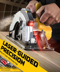 Side view of Ecarke 7-1/4 in cordless circular saw with laser guide cutting wood