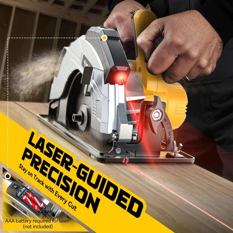 Side view of Ecarke 7-1/4 in cordless circular saw with laser guide cutting wood