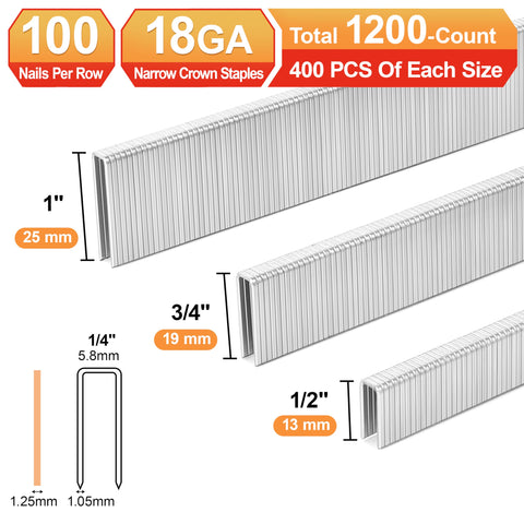 18 Gauge Narrow Crown Staples Set For Nail Guns Heavy Duty Assorted One Half Inch Three Quarter Inch One Inch Sizes 1200 Pack