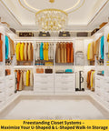 Heavy-Duty Modular Closet System With Nine Drawers And Nine Hanging Rods For Walk-In Spaces White L-Shape Corner Organizer Kit in a spacious room.