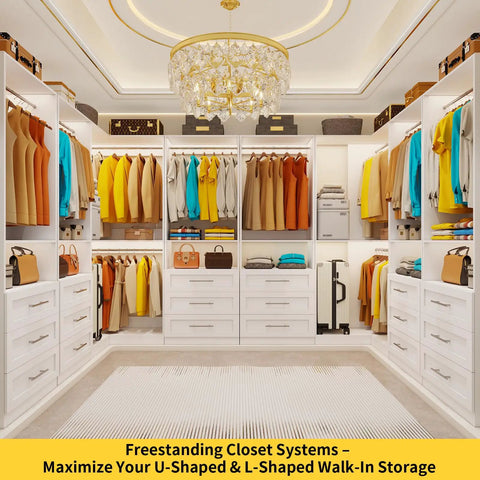 Heavy-Duty Modular Closet System With Nine Drawers And Nine Hanging Rods For Walk-In Spaces White L-Shape Corner Organizer Kit in a spacious room.