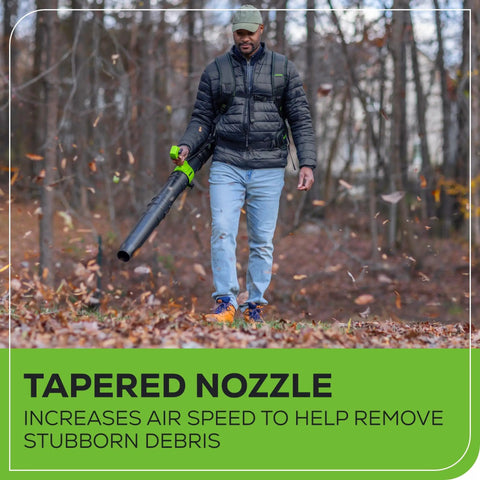 Man using Heavy Duty 80V Cordless Backpack Leaf Blower Featuring 750 Cfm Brushless Motor Paired With A 4 Point Zero Ah Battery and Charger in wooded area.