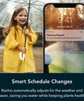 WiFi Smart Sprinkler Controller for 16 Zones With App Scheduling shown on phone, girl in yellow raincoat under umbrella smiling