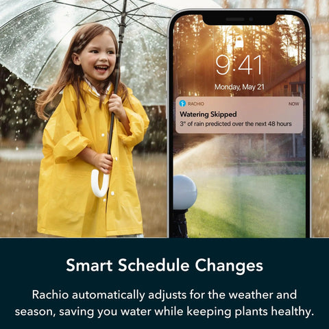 Child in raincoat with phone showing WiFi Smart Sprinkler Controller Ditch The Dial With 8 Zone Irrigation notification