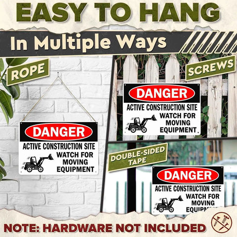 Heads Up Construction Site Sign Aluminum 8x12 Inch Watch For Moving Equipment Warning Sign displayed on fence with screws