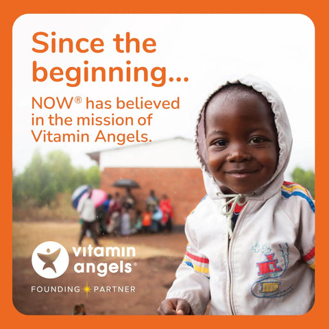 Child smiling in outdoor setting with text about NOW's support for Vitamin Angels mission, Vitamin Angels logo and Founding Partner text.
