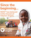 Child smiling in a hooded jacket with Vitamin Angels logo promoting their mission, focus on community support.