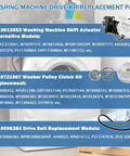Beefed Up Washer Shift Actuator Kit With Pulley Clutch Assembly And Drive Belt, Durable ABS Metal Construction, Compatible With Whirlpool Maytag Amana Kenmore Washers Replaces PS10057144, shown with washing machine models and parts.