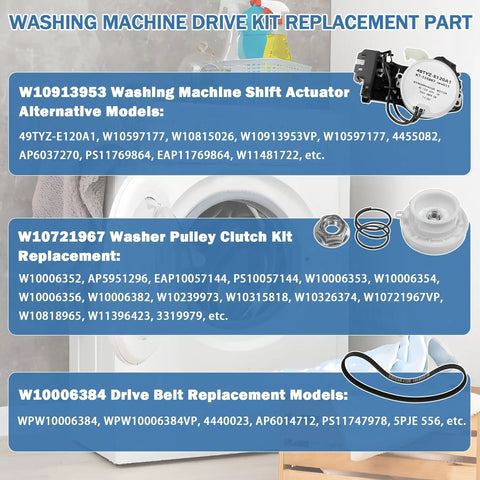 Beefed Up Washer Shift Actuator Kit With Pulley Clutch Assembly And Drive Belt, Durable ABS Metal Construction, Compatible With Whirlpool Maytag Amana Kenmore Washers Replaces PS10057144, shown with washing machine models and parts.