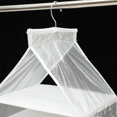 Hella Roomy White PVC Closet Hanging Storage Bag Featuring Nine Spacious Compartments To Keep Your Daily Threads And Weekend Fits Bangin And Fully Organized - top view showing mesh design and hanger.