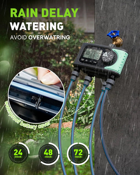 Four Zone Sprinkler Timer With Four Outlets For Automatic Lawn Watering under rain delay, waterproof outdoor controller.