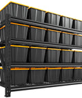 Heavy Duty 68.3 Inch Wide Garage Shelving Rack For Shop Storage, 72 Inch High, 23.4 Inch Deep Shelves To Fit Large Totes And Pallets, Space Saving Industrial Steel Shelves For Tools, Boxes, And Bins. Front angle of black steel 4-tier garage shelving with bins.