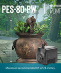 Magnetic Drive Fountain Pump 77 GPH 115 Volt With Built-In Adjustable Flow Valve next to decorative garden fountain.