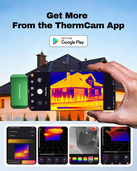 3D Thermal Imaging Camera For Android And PC with precise readings, showcasing thermal image of house using ThermCam app