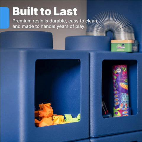 Close-up of blue cube units with open front from Contemporary Builders Stackable Storage Cubes Set For Kids, showcasing storage space.