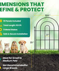 Arched Metal Garden Fence Panels 17 Inch Tall 10.83 Feet Long With Tool Free Install shown with rabbits and puppy for pet containment.