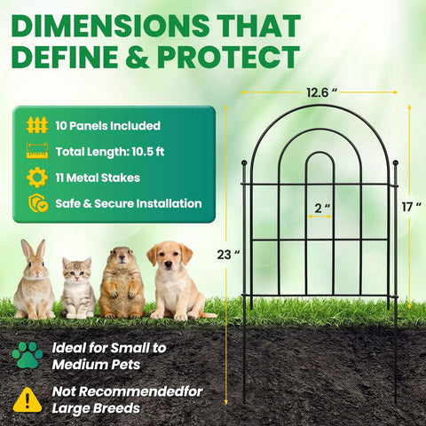 Arched Metal Garden Fence Panels 17 Inch Tall 10.83 Feet Long With Tool Free Install shown with rabbits and puppy for pet containment.