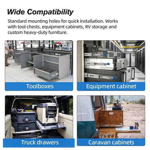 Boss Grade Locking Heavy Duty Drawer Slides Built Tough For Zero Hassle Setup Supporting Two Hundred Fifty Pound Load With Full Extension Glide that fits toolboxes and cabinets.