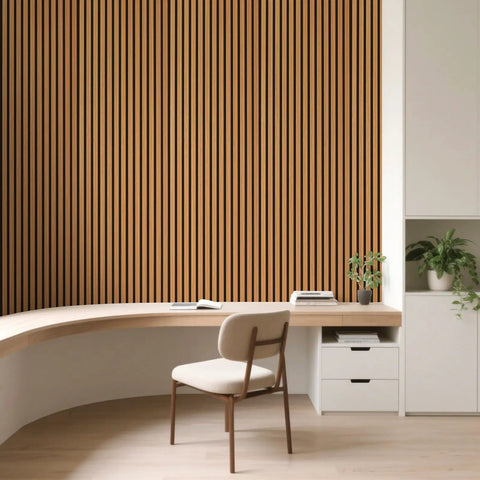 Roll Flexible Acoustic Wood Slat Wall Panels Teak Finish sound-absorbing wall decor in modern office setting with desk.